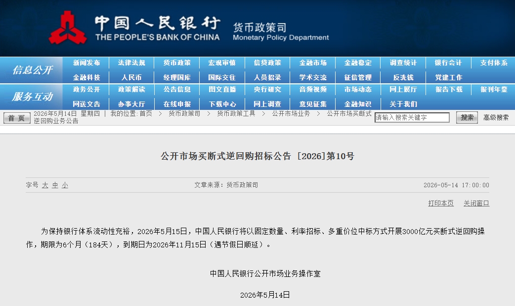 3000亿元 人民银行缩量开展6个月期买断式逆回购插图